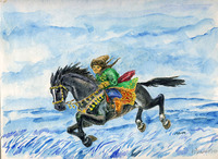 Казахский мальчик на лошади, акварель