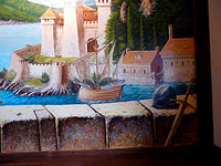 Роспись в кабинете "Вид из башни замка на залив".
Частный интерьер, фрагмент.
