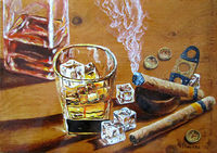 Виски и сигары, дерево, масло, 28,5 х 40 см.
Из серии.